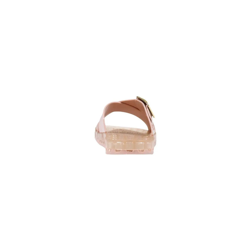 Sensi Damen-Pantoffeln aus rosa PVC mit durchscheinender Jelly-Sohle, hellbraunem Lederriemen und goldfarbener Schnalle