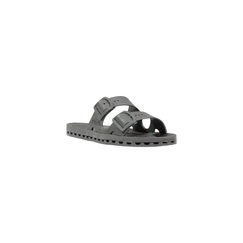 Graue Sensi Damen-Pantoffeln „La Jolla“ aus PVC mit offener Zehenpartie, zwei verstellbaren Riemen und profilierter Sohle.