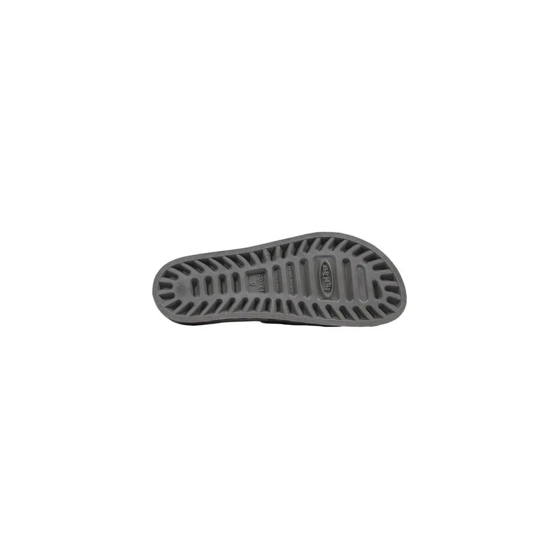 Graue Gummisohle mit geripptem Strukturmuster und geprägtem Logo auf Sensi Damen-PVC-Slippern mit offener Zehenpartie, grau, La Jolla