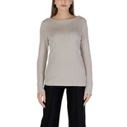 Light grey long-sleeve boat-neck knit sweater with lettuce-edge cuffs for women