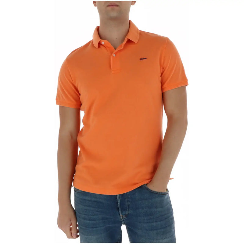 Superdry men polo shirt blue short sleeve cotton featuring bright orange fabric with small black chest logo
