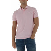 A light pink Superdry men polo shirt with classic collar short sleeves cotton fabric and embroidered logo on left chest