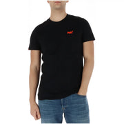 Superdry Herren-T-Shirt aus schwarzer Baumwolle mit kleinem orangefarbenem Logo auf der linken Brust, Kurzarm, M1011245A