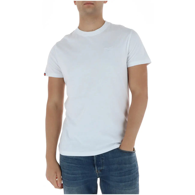 Superdry Herren-T-Shirt, hellblau, kurzärmelig, aus Baumwolle, mit weißem Rundhalsausschnitt, dezent gesticktem Logo auf der Brust und rotem Ärmeletikett