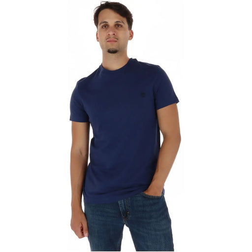 Marineblauer Rundhalsausschnitt Timberland Kurzarm-T-Shirt aus Baumwolle für Herren mit kleinem, gesticktem Logo auf der linken Brust.