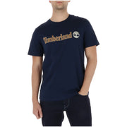 Marineblau Timberland Herren-T-Shirt aus Baumwolle mit hellbraunem und weißem Logo, Rundhalsausschnitt und kurzen Ärmeln