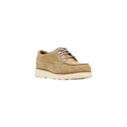 Timberland men lace up shoes beige suede with gray laces and white rubber sole for spring summer wear