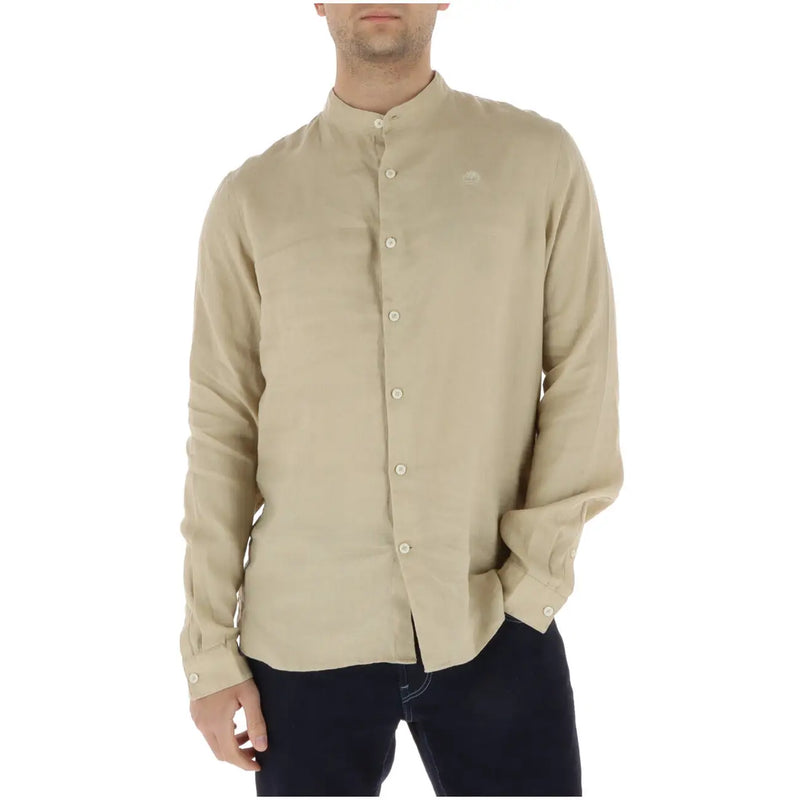 Timberland men shirt beige linen button-down with mandarin collar and subtle embroidered logo on the left chest