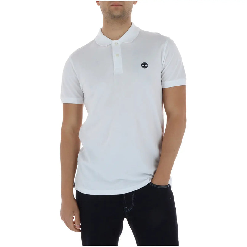 Weiß Timberland Herren-Poloshirt mit klassischem Kragen, kurzen Ärmeln, aus dehnbarem Baumwollgewebe und gesticktem Logo