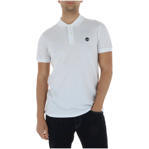 Weiß Timberland Herren-Poloshirt mit klassischem Kragen, kurzen Ärmeln, aus dehnbarem Baumwollgewebe und gesticktem Logo