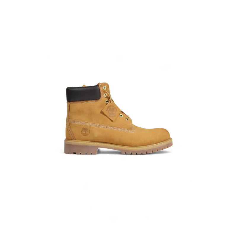 Timberland men’s brown leather slip on boots with tan 6 inch design black rubber collar and gold tone eyelets