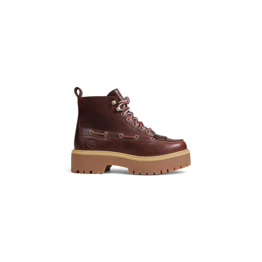 Timberland Damen-Schnürstiefel aus braunem Polyurethan mit mittelhohem Schnürbereich, dunkelbraunem Leder-Obermaterial, hellbrauner Gummisohle und passenden Schnürsenkeln