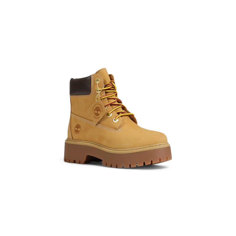 Timberland Damen-Lederstiefeletten, beige, zum Schnüren, 6 Zoll hoch, braune Gummisohle und gelbe Schnürsenkel