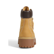 Timberland Beige Damen-Ankle-Boots aus Leder mit Schnürung, Obermaterial aus hellbraunem Wildleder, dunkelbraunem Lederkragen und klobiger Gummisohle
