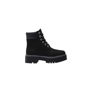 Timberland Schwarze, wasserdichte Damen-Lederstiefeletten aus schwarzem Wildleder mit silbernen Ösen und klobiger Plateausohle