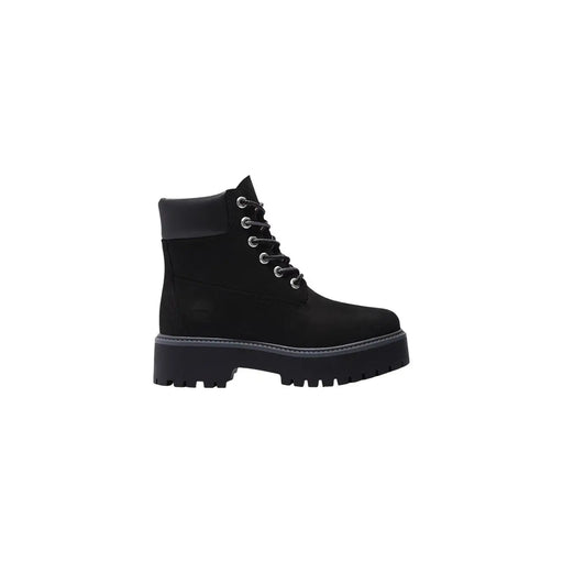 Timberland Schwarze, wasserdichte Damen-Lederstiefeletten aus schwarzem Wildleder mit silbernen Ösen und klobiger Plateausohle