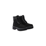 Timberland Schwarze, wasserdichte Damen-Lederstiefel mit Obermaterial aus Wildleder, silbernen Ösen und klobigen Gummisohlen.