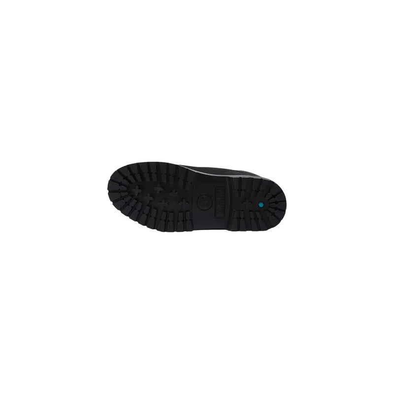 Schwarze Gummisohle mit tiefem Profil und türkisfarbenem Logo timberland Damen-Lederstiefel schwarz wasserdicht hinten