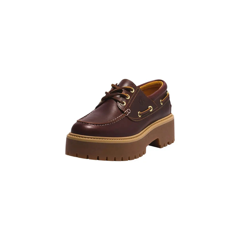 Timberland Damen-Schnürschuhe aus Leder, bordeauxrot, mit braunem Lederplateau, goldfarbenen Ösen und hellbrauner Gummisohle