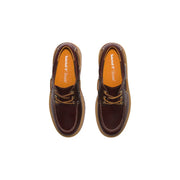 Timberland Damen-Schnürschuhe aus Leder, bordeauxrot, mit dunkelbraunem Leder, hellbraunen Schnürsenkeln und orangefarbener Innensohle