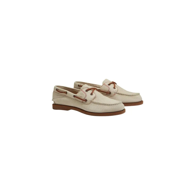 Timberland Damen-Mokassins aus Leder in Beige mit cremefarbenem Leder, braunen Schnürsenkeln und passender Gummisohle