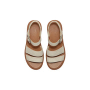 Timberland Damen-Ledersandalen in Cremefarbe mit hellbraunen Sohlen und silbernen Schnallenriemen für stilvollen Tragekomfort