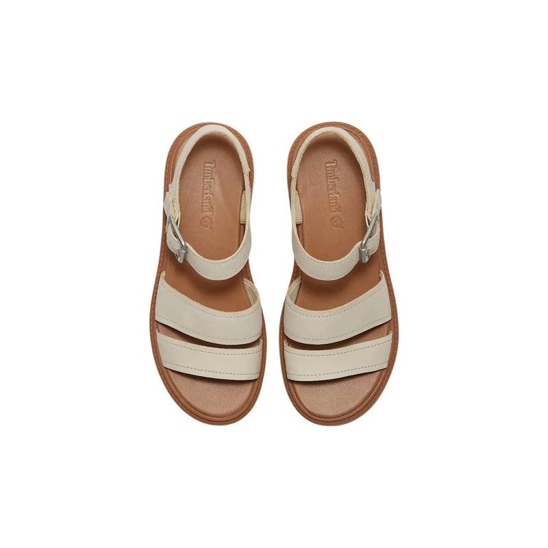 Timberland Damen-Ledersandalen in Cremefarbe mit hellbraunen Sohlen und silbernen Schnallenriemen für stilvollen Tragekomfort