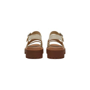 cremefarben Timberland Damen-Plateausandalen aus Leder mit hellbraunen Lederriemen und einer klobigen braunen Sohle