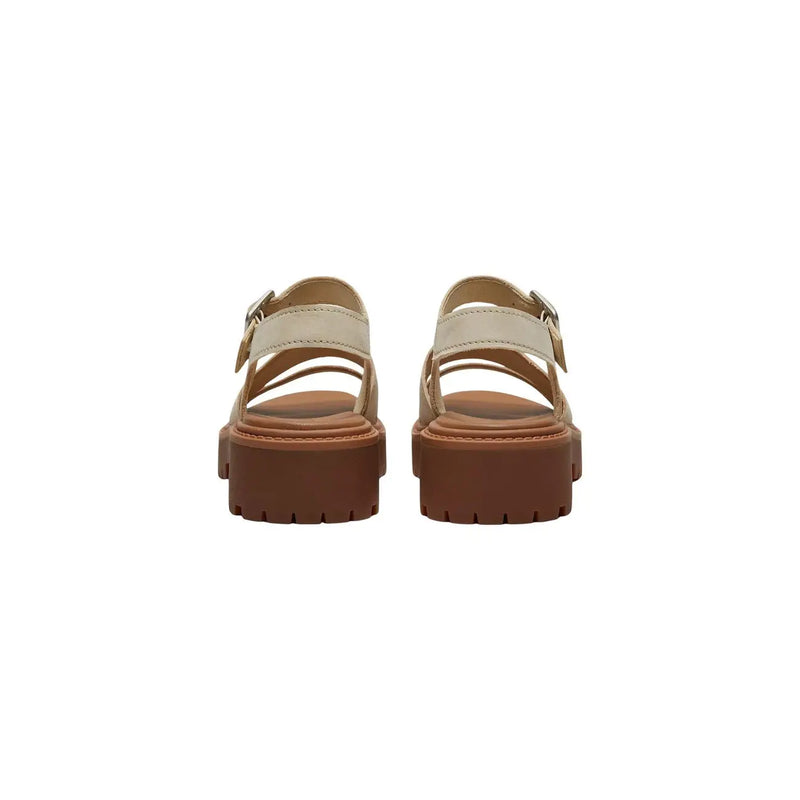cremefarben Timberland Damen-Plateausandalen aus Leder mit hellbraunen Lederriemen und einer klobigen braunen Sohle