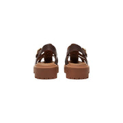 Timberland Braune Damen-Ledersandalen mit klobiger, hellbrauner Plateausohle und goldfarbenen Schnallendetails
