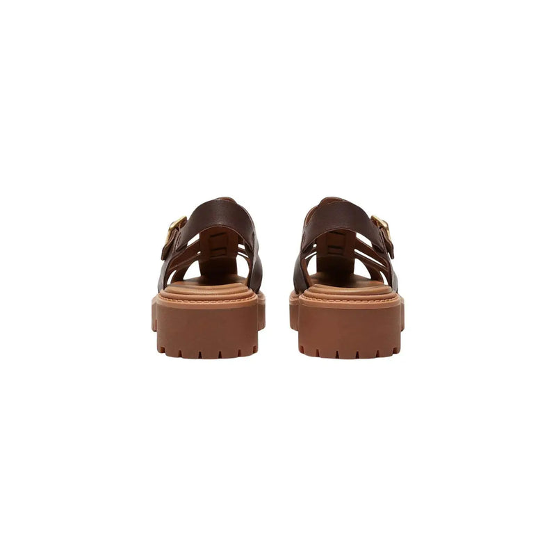 Timberland Braune Damen-Ledersandalen mit klobiger, hellbrauner Plateausohle und goldfarbenen Schnallendetails