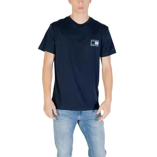 Navy blue Tommy Hilfiger T shirt with square logo shown in product listing