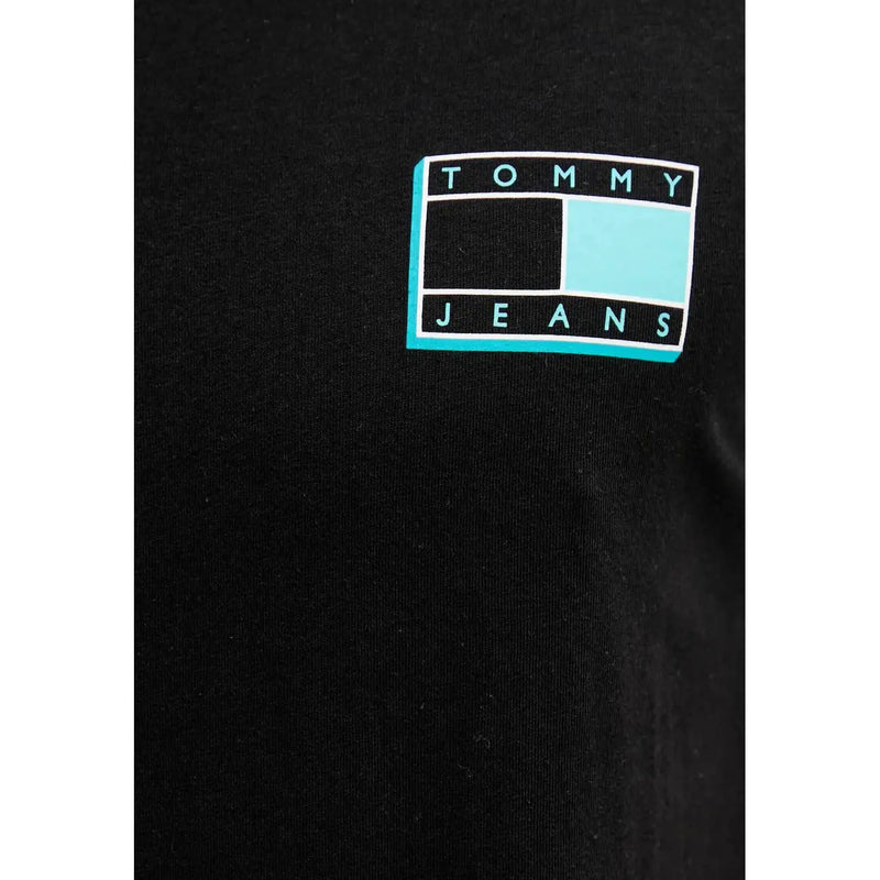 Black Tommy Hilfiger t shirt featuring a teal and black rectangular logo with Tommy above and Jeans below
