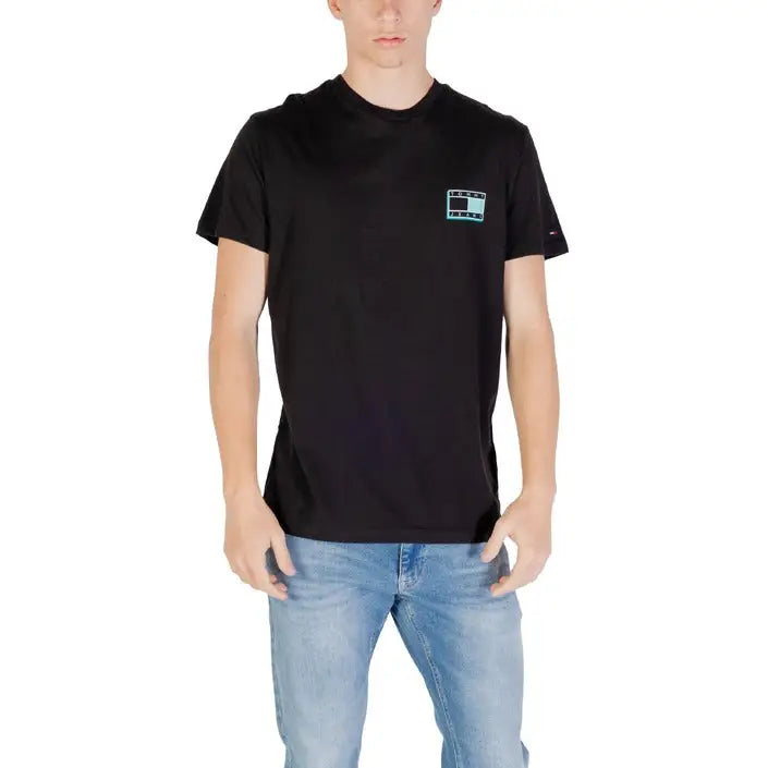 Black Tommy Hilfiger T shirt with square logo displayed on a product page