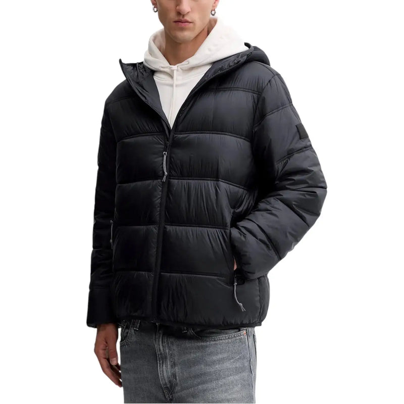 Black puffer jacket with hood and zipper, made of synthetic material.