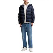 Navy blue puffer jacket with hood and white zipper, made of synthetic material.