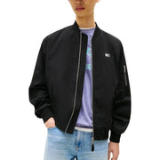 Tommy Hilfiger Jeans men black organic cotton bomber jacket with silver zipper and left chest logo patch