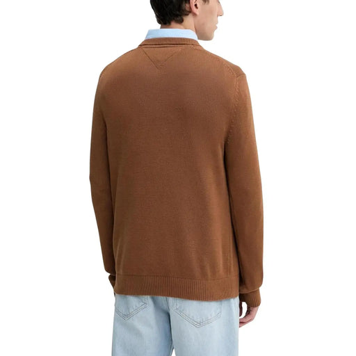 Tommy Hilfiger Jeans men brown ribbed knitwear sweater with classic crew neck made of cotton material