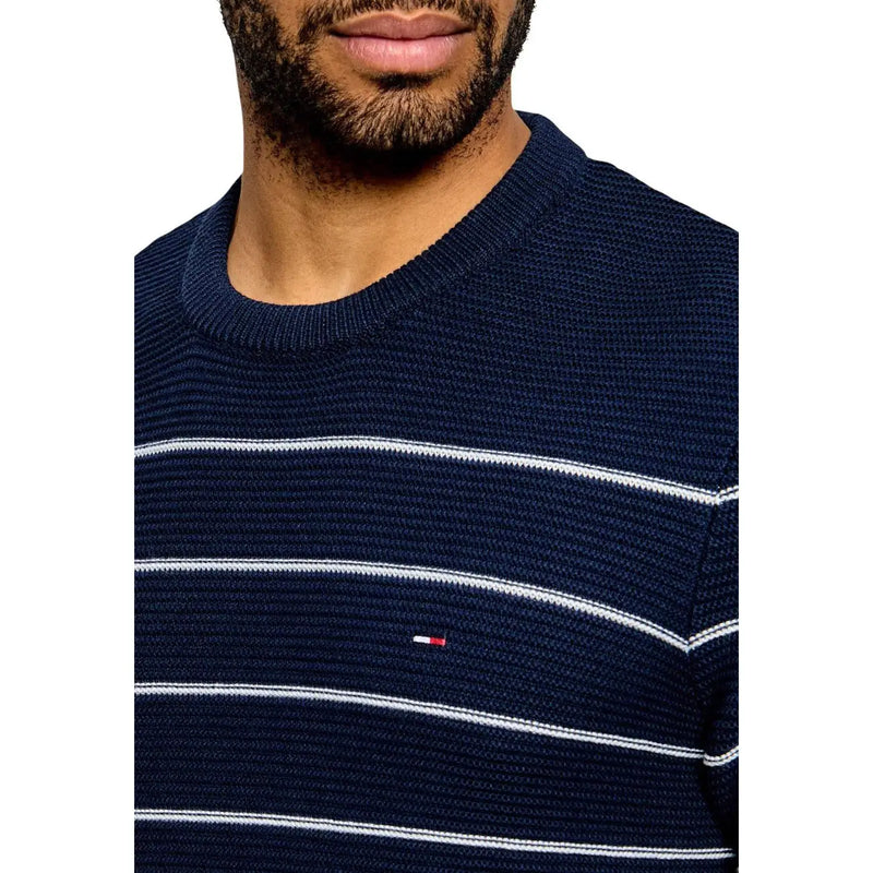 Tommy Hilfiger Jeans men striped blue and white knit sweater made of organic cotton with logo on chest