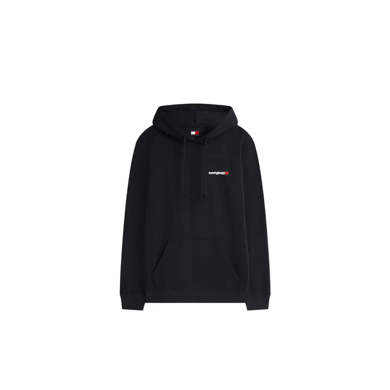 Schwarzes Tommy Hilfiger Jeans Herren-Sweatshirt mit kleinem gesticktem Logo und passendem Markenetikett aus Bio-Baumwolle