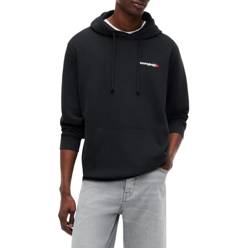 Schwarzes Tommy Hilfiger Jeans Herren-Sweatshirt aus Bio-Baumwolle mit weißem und rotem Logo auf der Brust