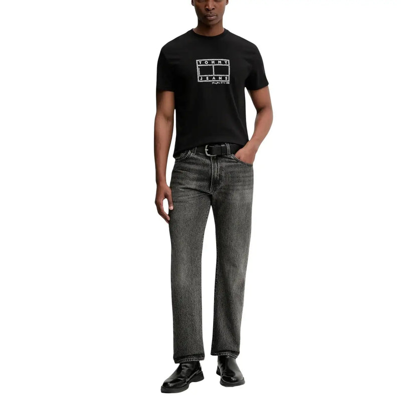 Black Tommy Hilfiger Jeans men t-shirt with white rectangular logo featuring brand name and tennis court design