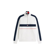 Weißes Tommy Hilfiger Jeans Herren-Sweatshirt mit halbem Reißverschluss, marineblauen Ärmeln und roten Ziernähten aus Bio-Baumwolle