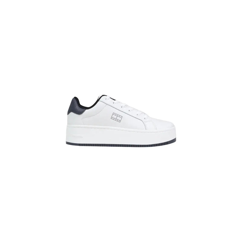 Tommy Hilfiger white leather women’s platform sneaker with black accents
