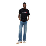 Tommy Hilfiger Schwarzes Herren-T-Shirt aus Baumwolle mit Rundhalsausschnitt und weiß-rotem Logo auf der Brust