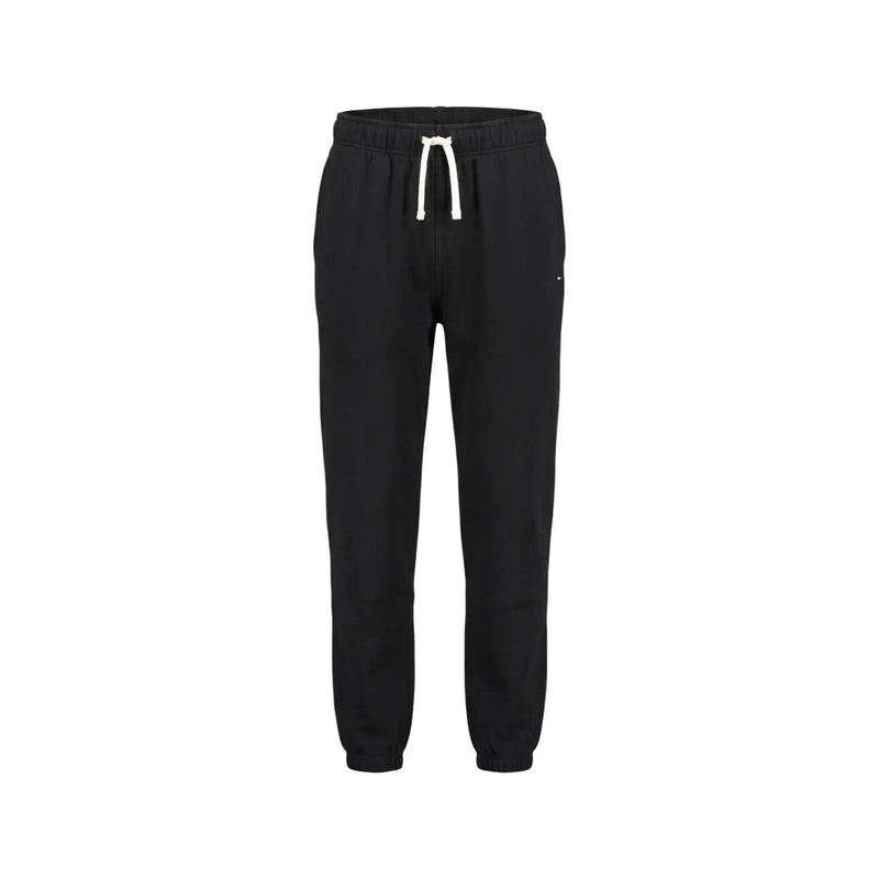Tommy Hilfiger Schwarze Herren-Fleecehose aus Baumwollmischgewebe mit weißen Kordelzügen und Logo am Oberschenkel