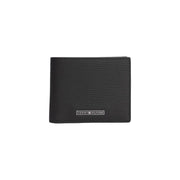 Tommy Hilfiger Schwarze Herren-Business-Geldbörse aus Leder mit strukturierter Oberfläche und silbernem Logo-Emblem auf der Vorderseite