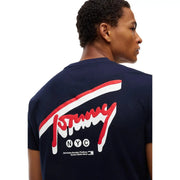 Tommy Hilfiger Herren-T-Shirt aus blauer Bio-Baumwolle mit marineblauem Stoff und auffälligem rot-weiß-schwarzem Logo mit NYC-Schriftzug