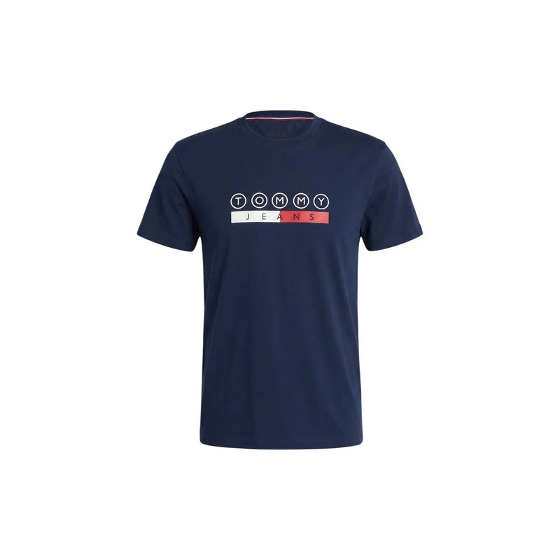 Marineblaues Tommy Hilfiger Herren-T-Shirt aus Bio-Baumwolle mit weißem und rotem Logo auf der Brust
