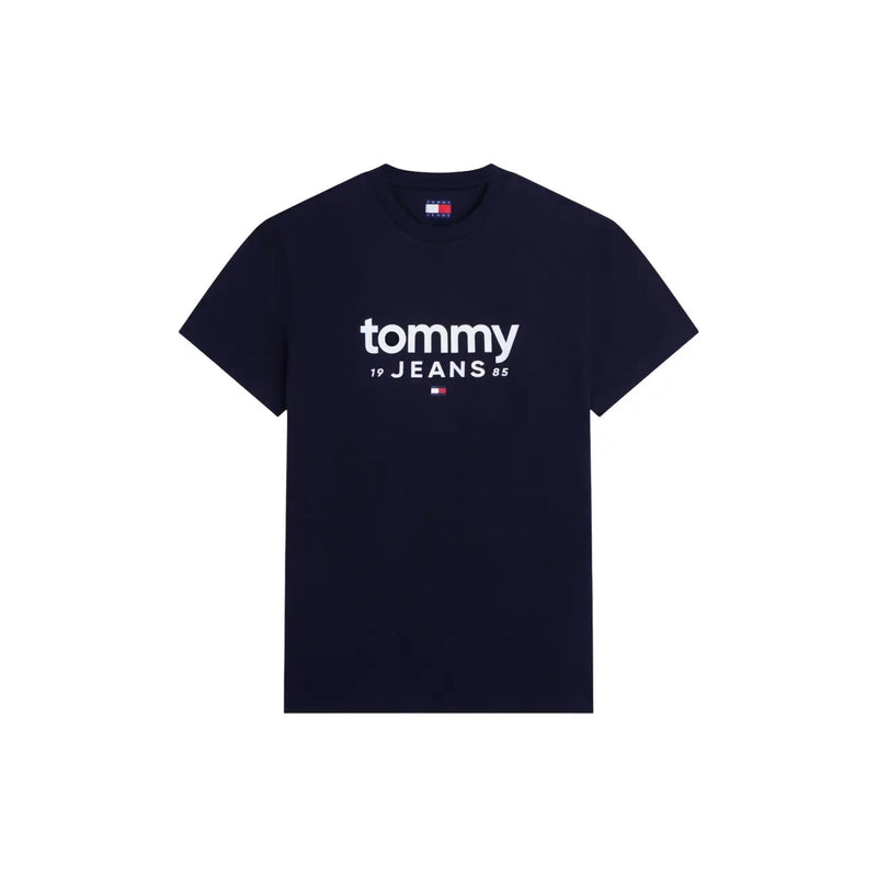 Marineblaues Tommy Hilfiger Herrenhemd aus Bio-Baumwolle t-shirt mit weißem Tommy 19 Jeans 85 Logo und Markenetikett auf der Vorderseite